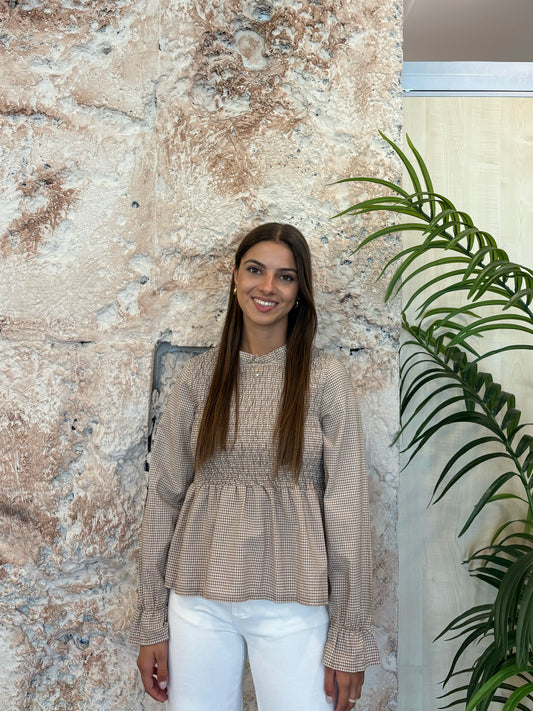 BLUSA PANEL DE ABEJA VICHY BEIGE