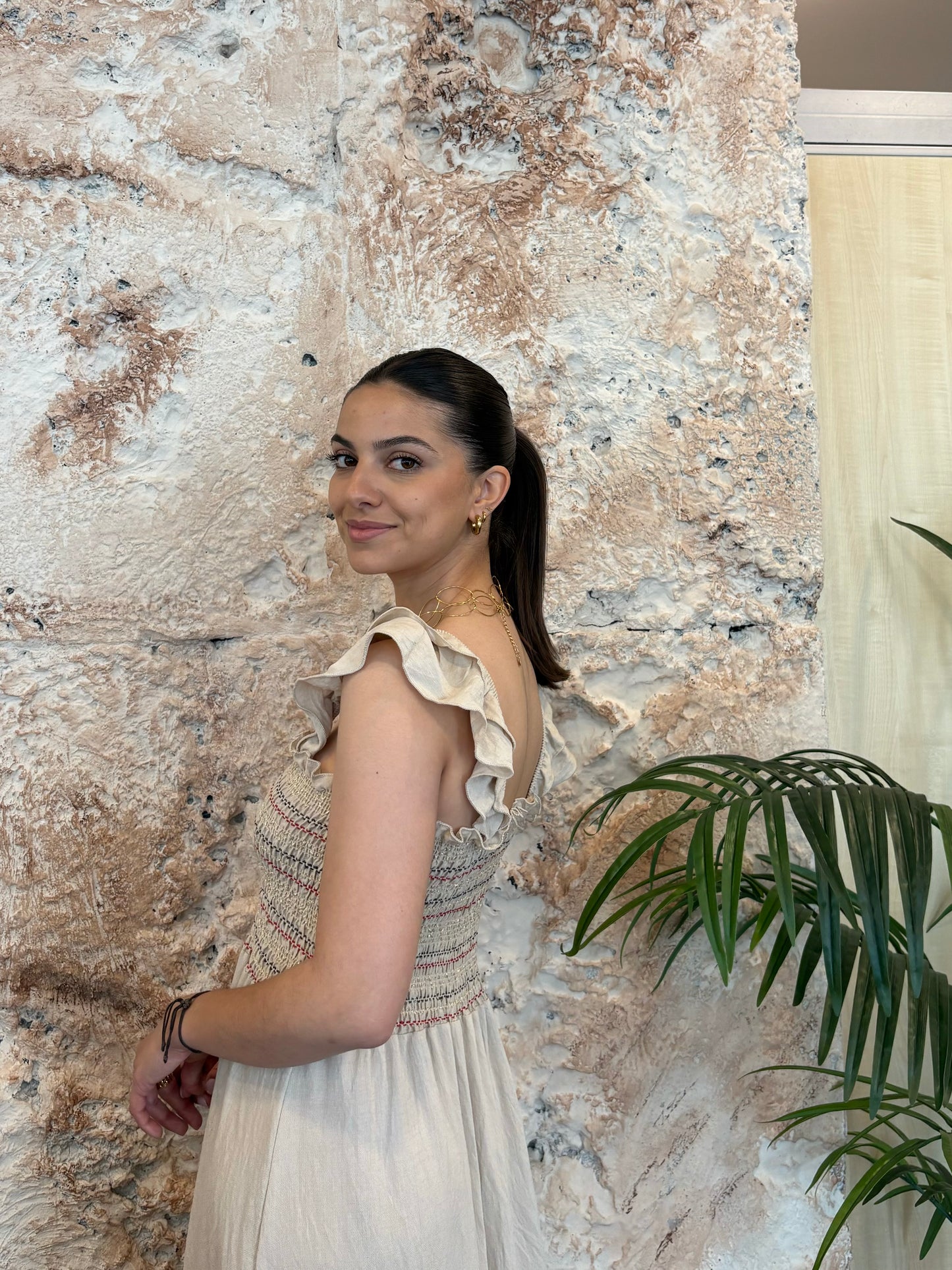 VESTIDO PANEL VOLANTES BEIGE
