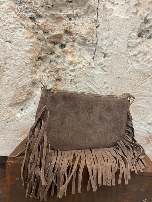 BOLSO PIEL TAUPE FLECOS BANDOLERA