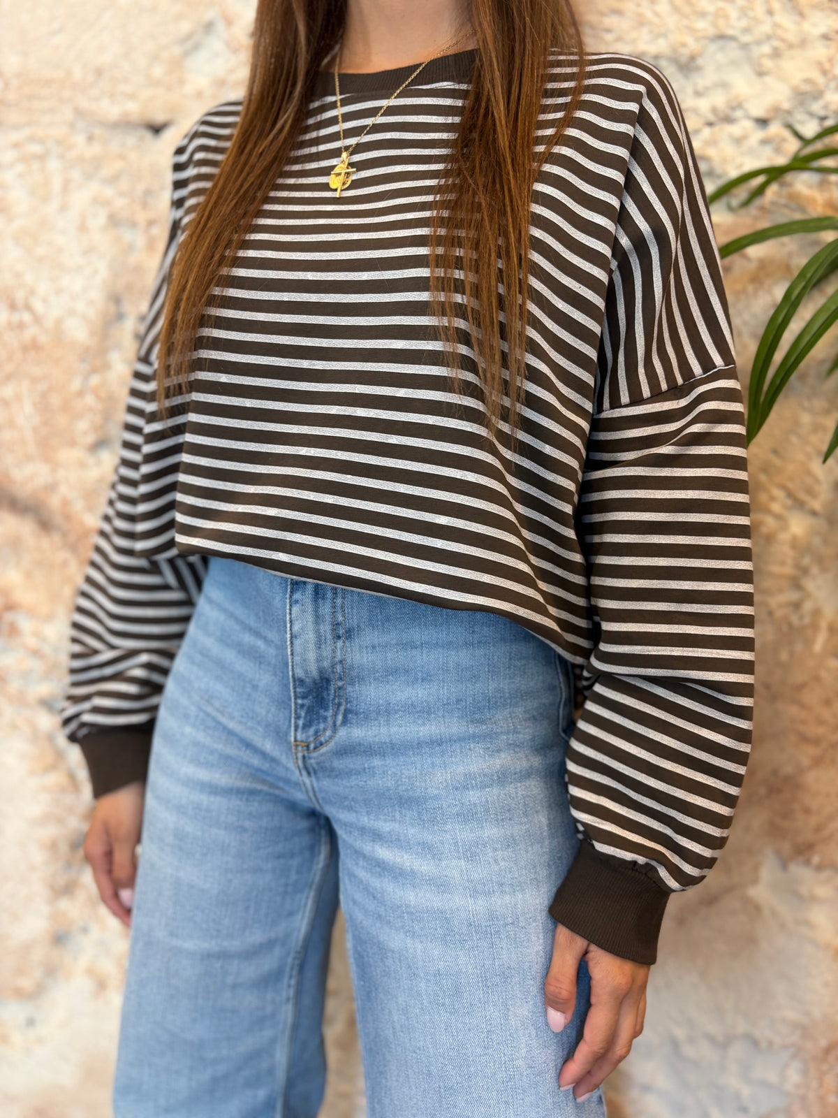 SUDADERA BÁSICA CUELLO REDONDO RAYAS MARRÓN - BLANCA
