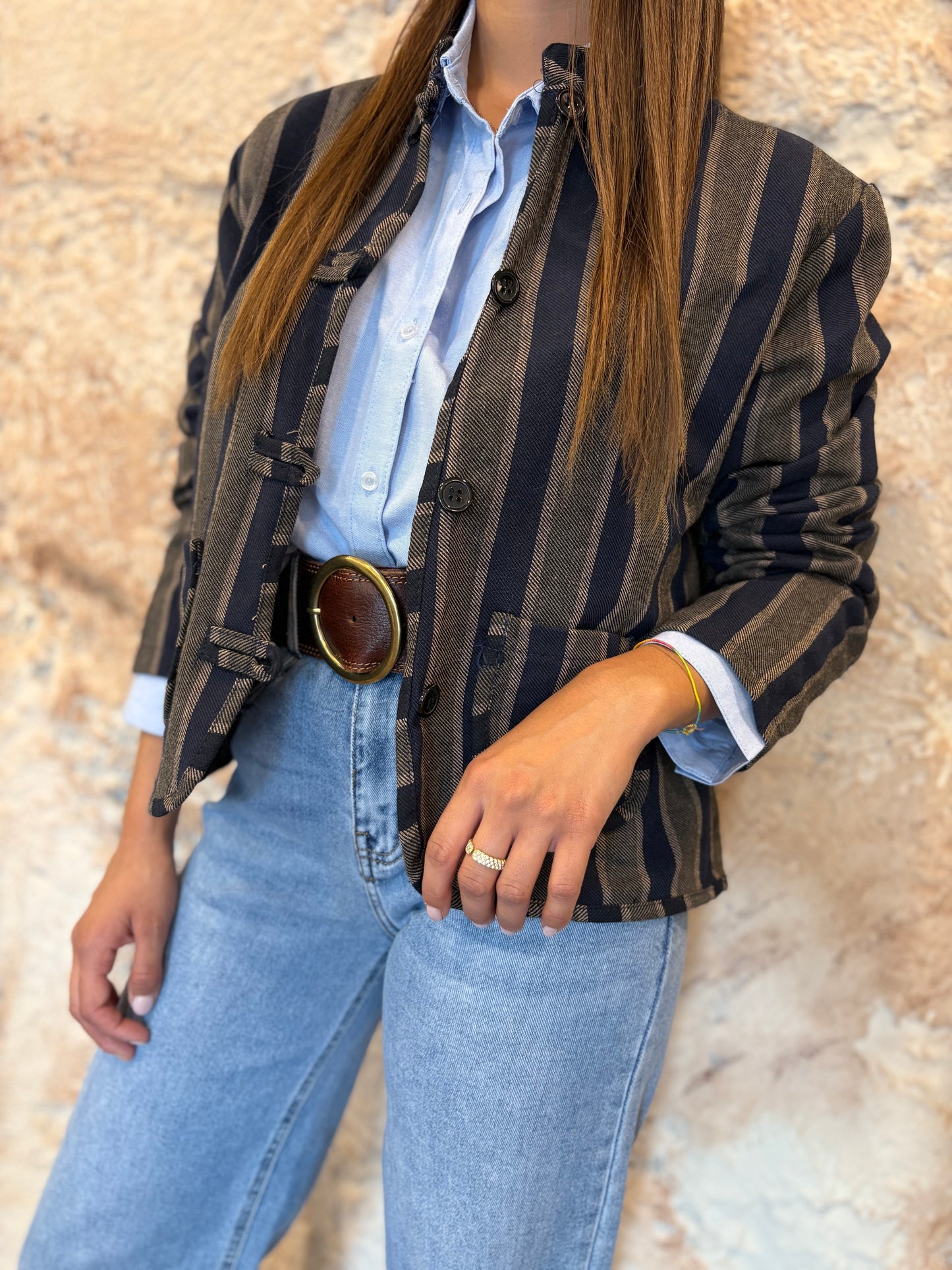 CHAQUETA ALAMARES RAYAS AZUL