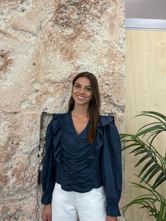 BLUSA DRAPEADA VOLANTE PETRÓLEO