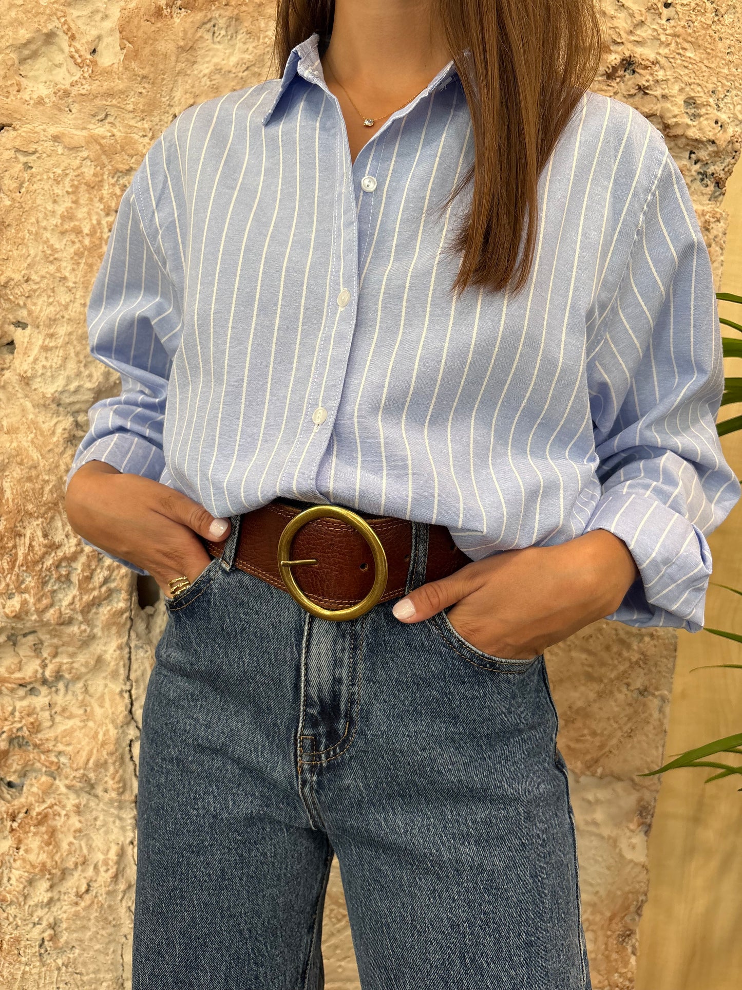 CAMISA OVERSIZE OXFORD RAYAS CELESTE
