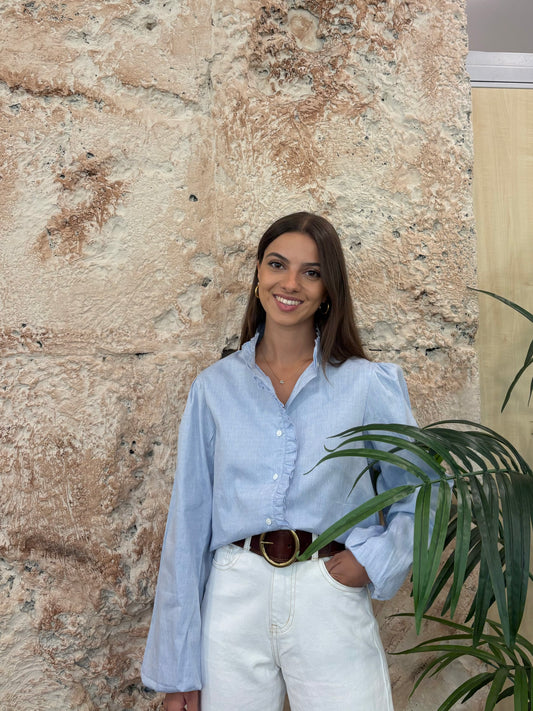 CAMISA CUELLO RIZO CELESTE Y BLANCA