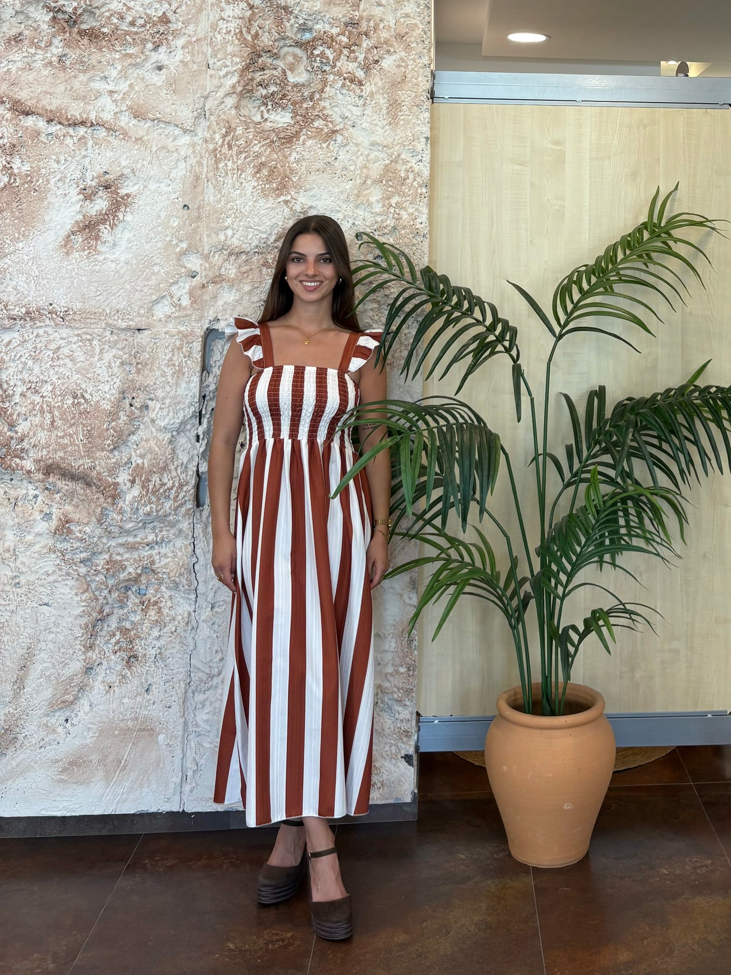 VESTIDO PANEL DE ABEJA RAYAS CRUDO-TEJA