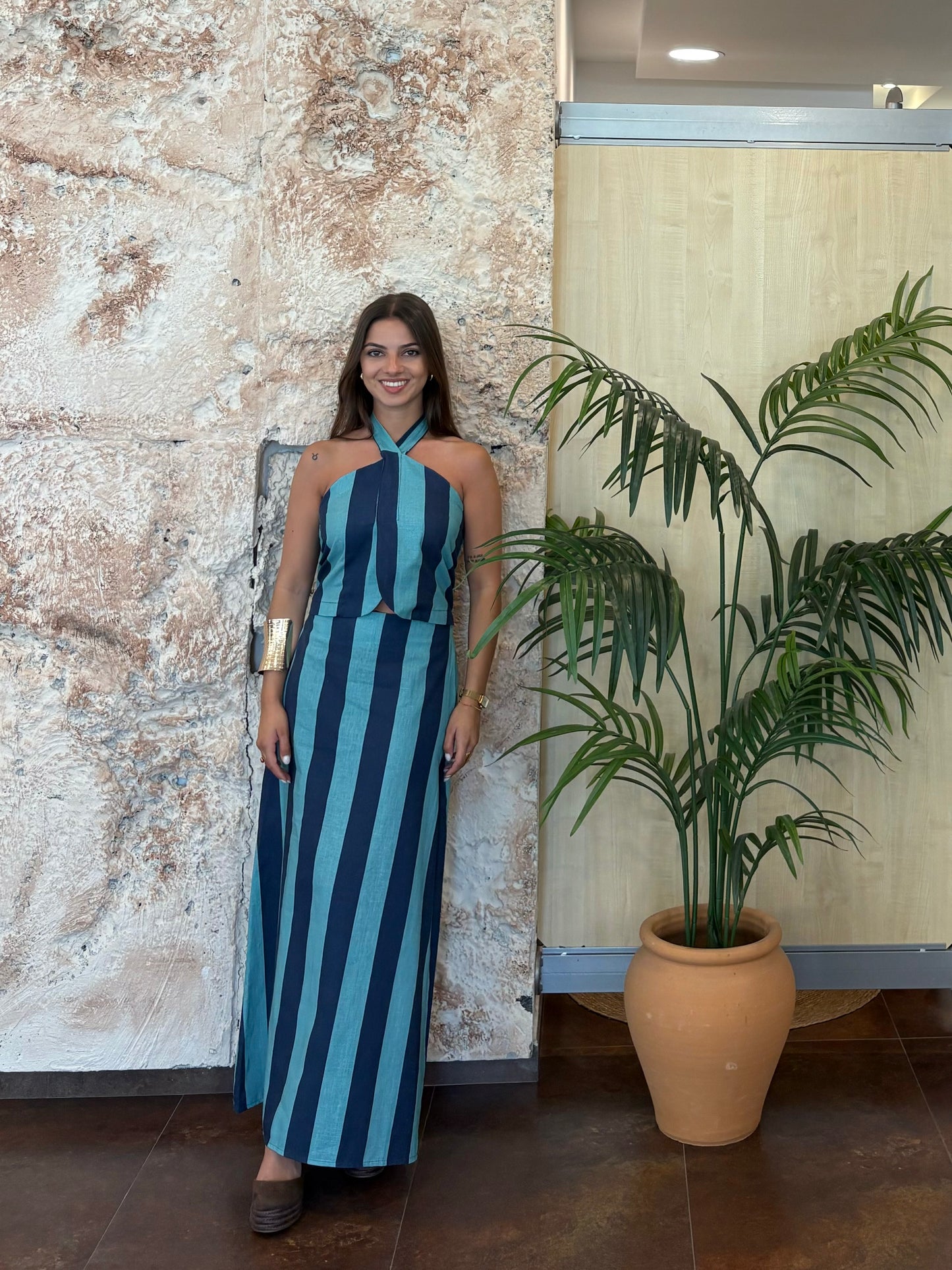 CONJUNTO TOP- FALDA RAYAS VERDE AGUA - AZUL