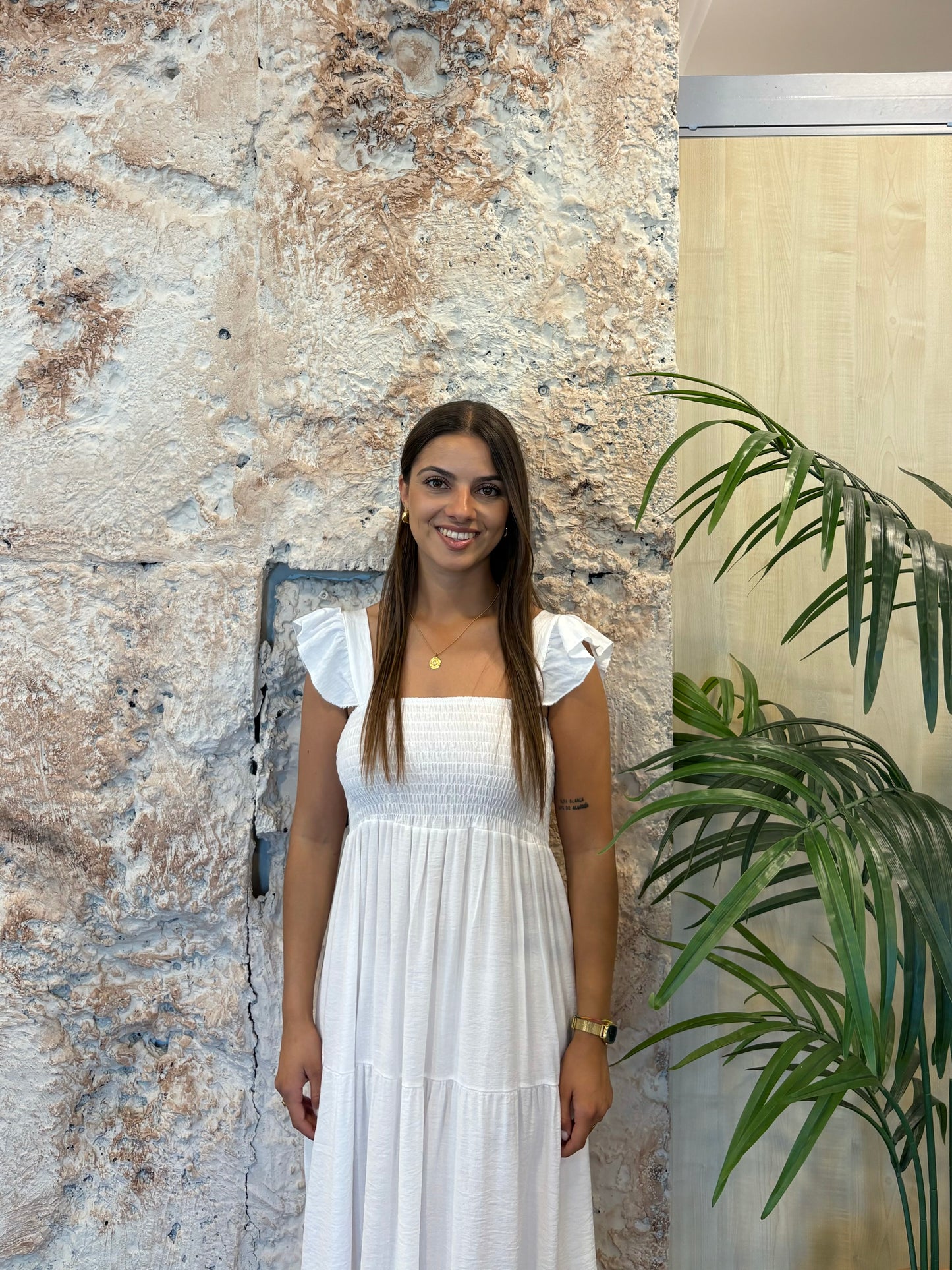 VESTIDO PANEL DE ABEJA  TIRANTE VOLANTE BLANCO