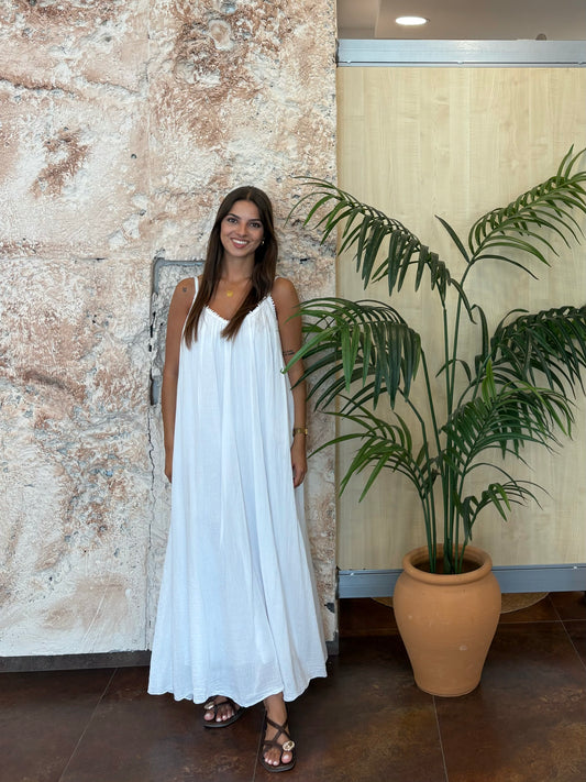 VESTIDO LARGO DETALLE MADROÑO BLANCO