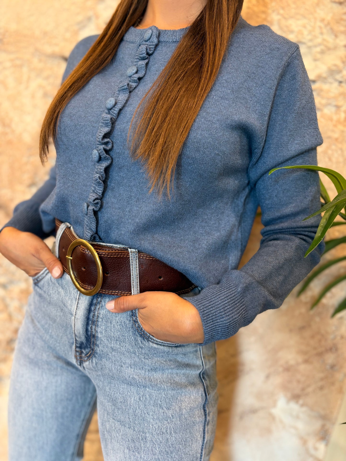 CARDIGAN PUNTO DETALLE VOLANTE FRONTAL AZUL