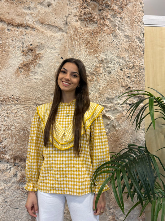 BLUSA VOLANTES CUELLO RIZO VICHY AMARILLO