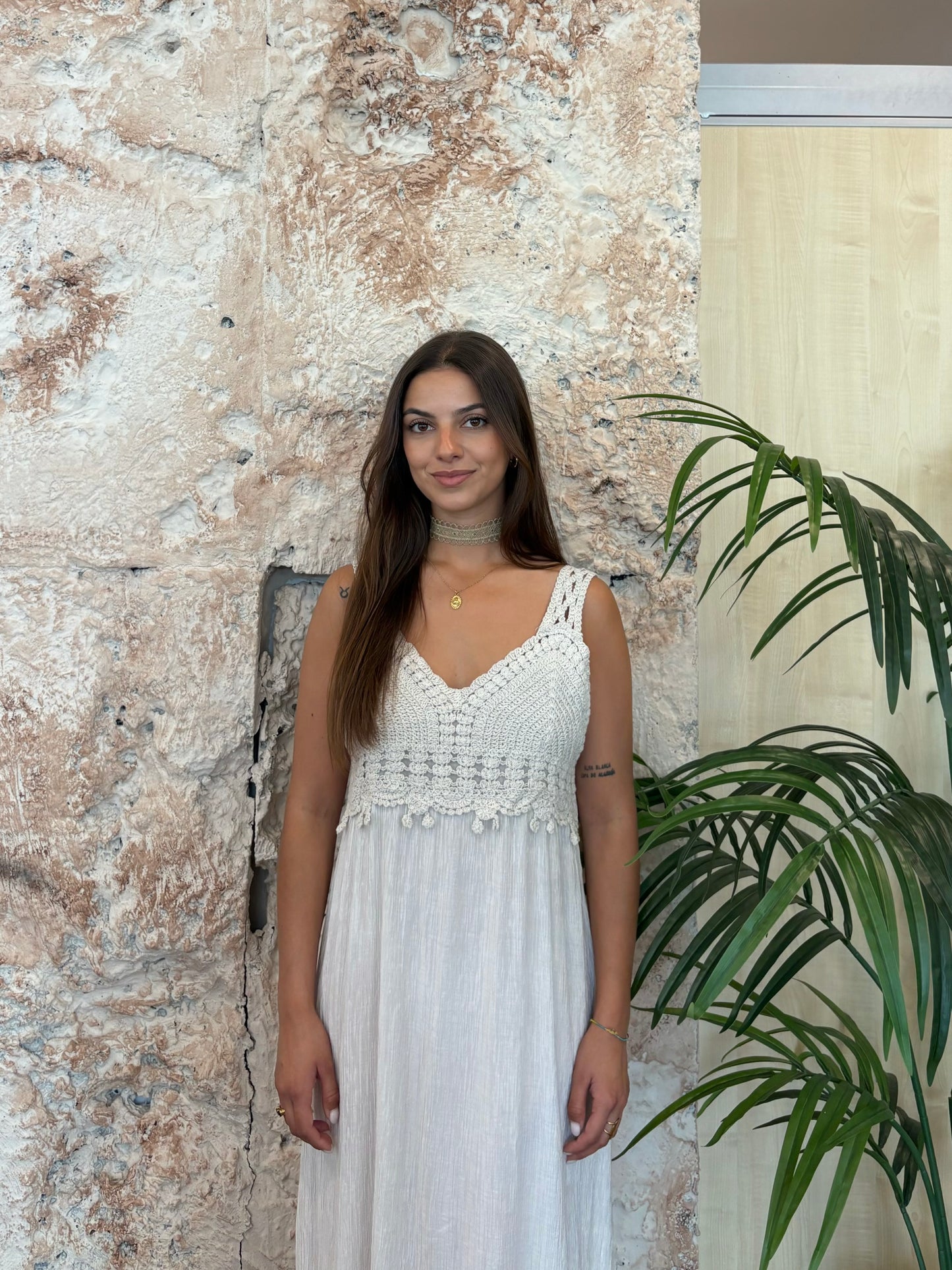 VESTIDO LARGO PECHERA CROCHET BEIGE