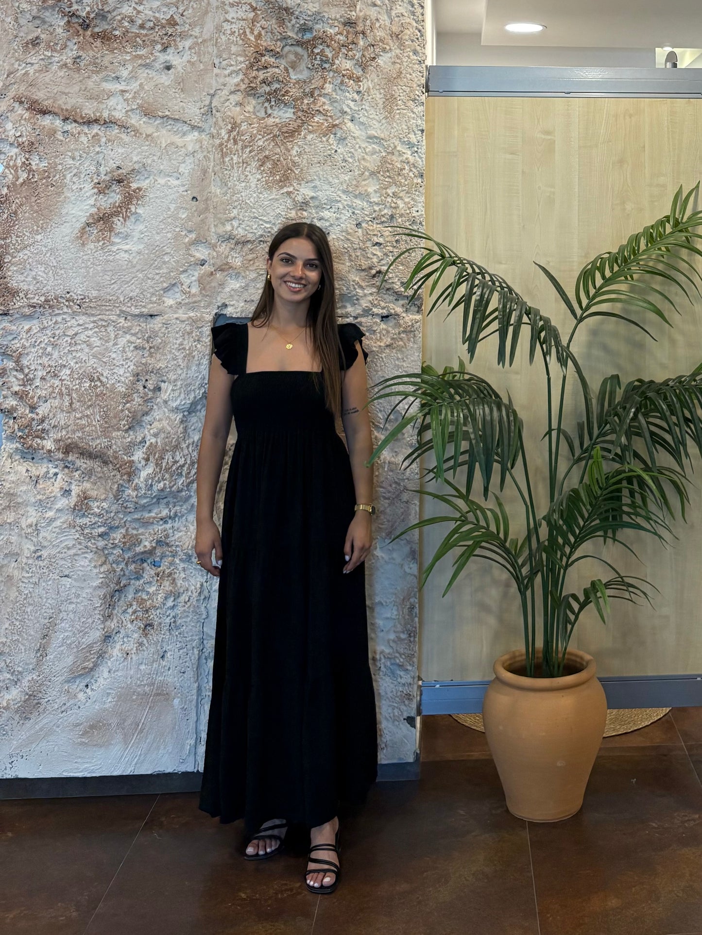 VESTIDO PANEL DE ABEJA  TIRANTE VOLANTE NEGRO