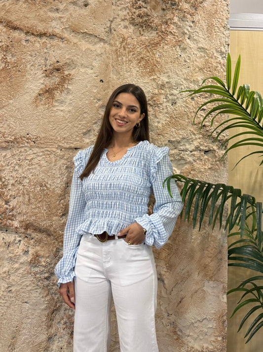 BLUSA PANEL DE ABEJA VICHY CELESTE