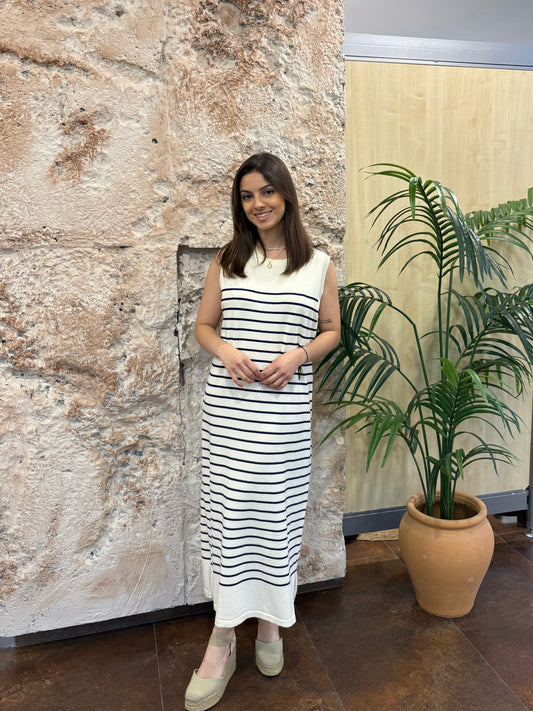 VESTIDO PUNTO BEIGE-RAYAS MARINO