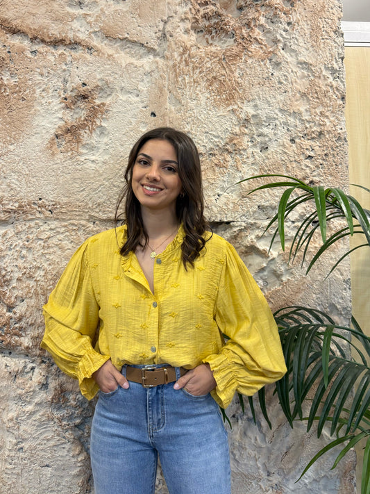 BLUSA CUELLO RIZO BORDADOS AMARILLO