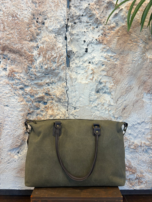 BOLSO LONA KAKI- ASA PIEL