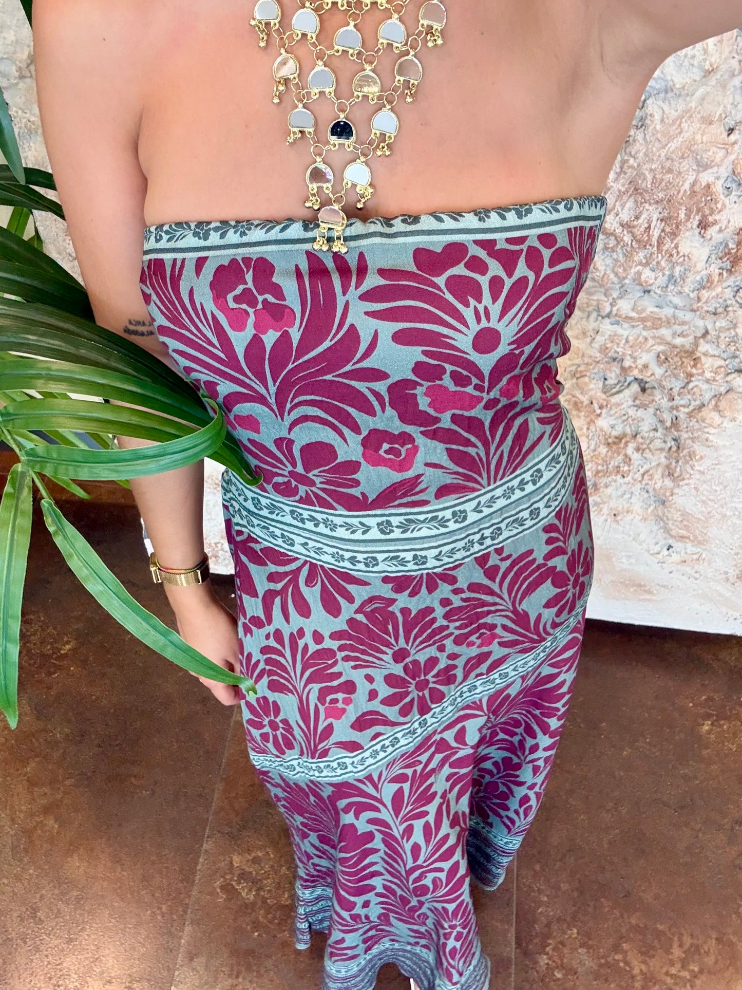 VESTIDO PALABRA DE HONOR ESTAMPADO FLORAL VERDE AGUA-BUGANVILLA
