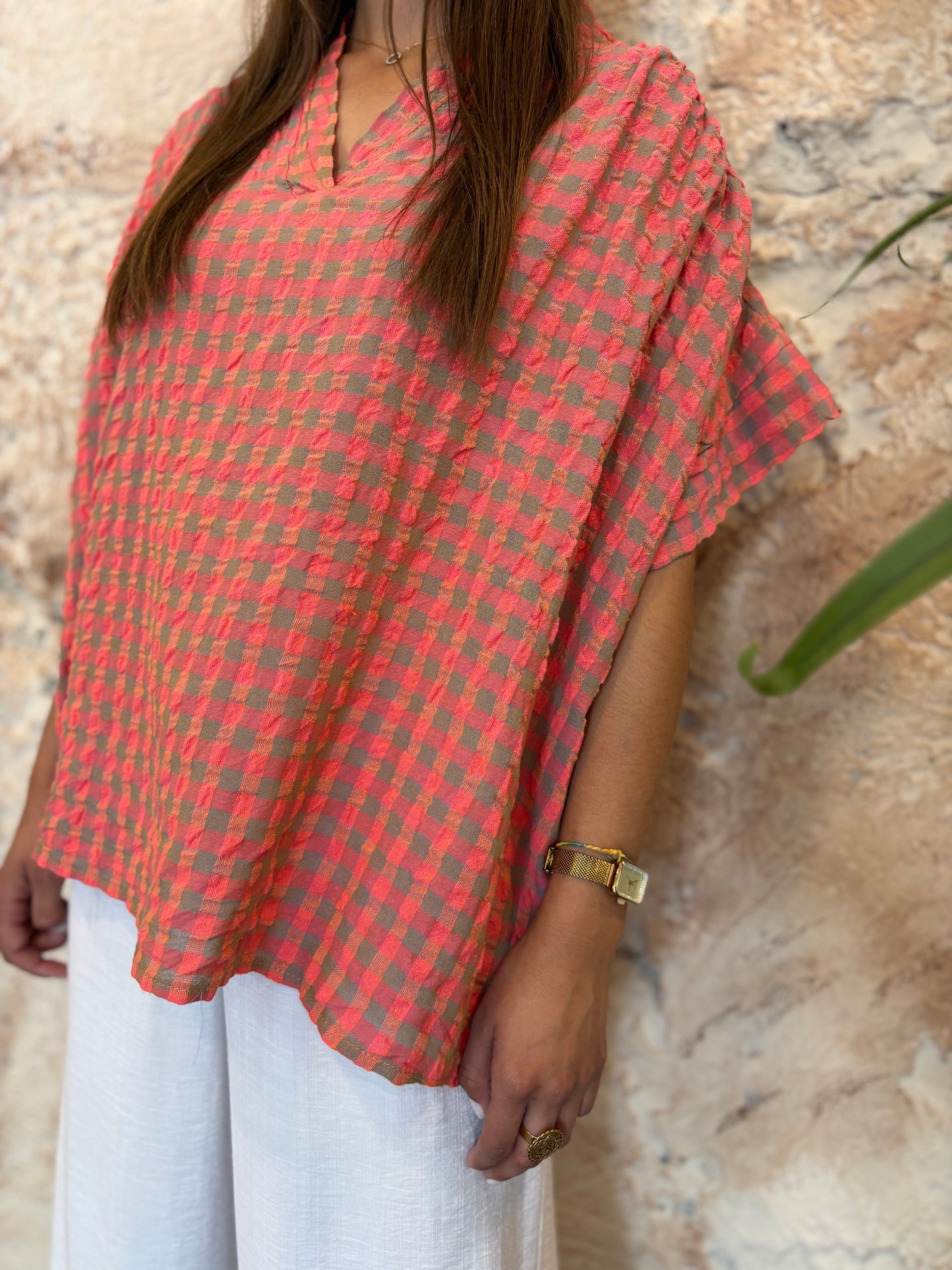 BLUSA CUADROS NARANJA-ROSA