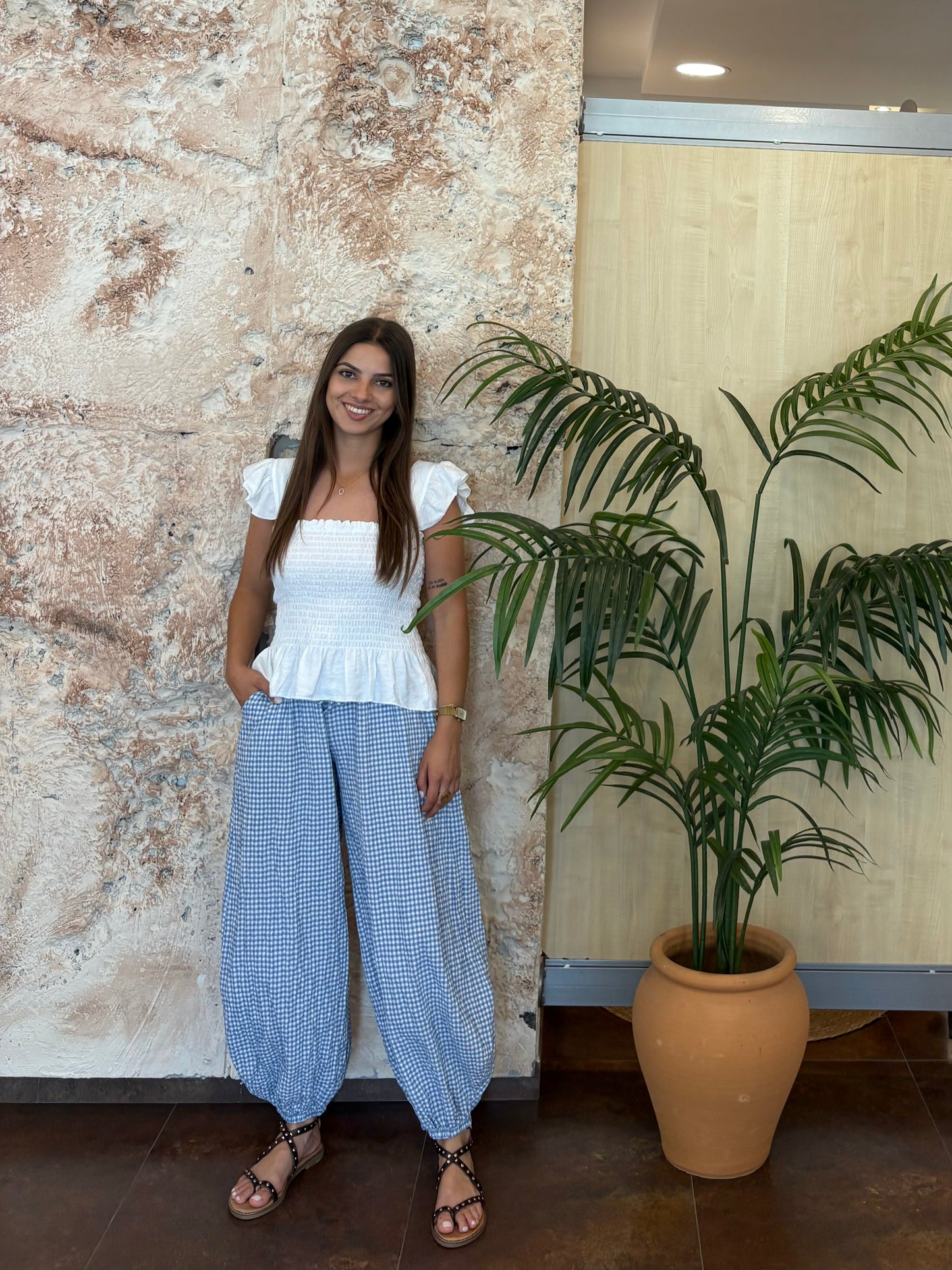 PANTALÓN BOMBACHO VICHY CELESTE