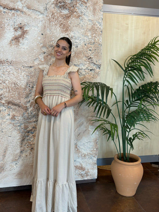 VESTIDO PANEL VOLANTES BEIGE