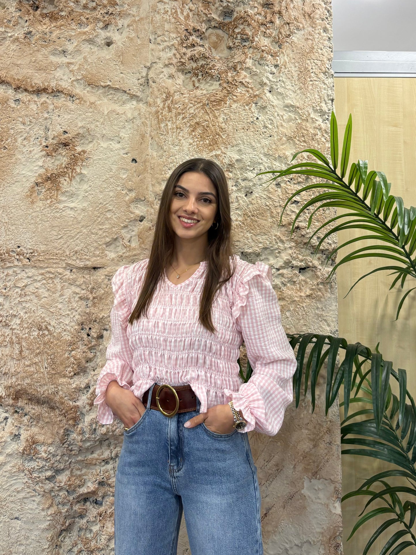 BLUSA PANEL DE ABEJA VICHY ROSA