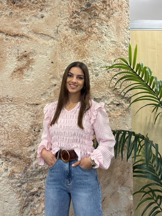 BLUSA PANEL DE ABEJA VICHY ROSA