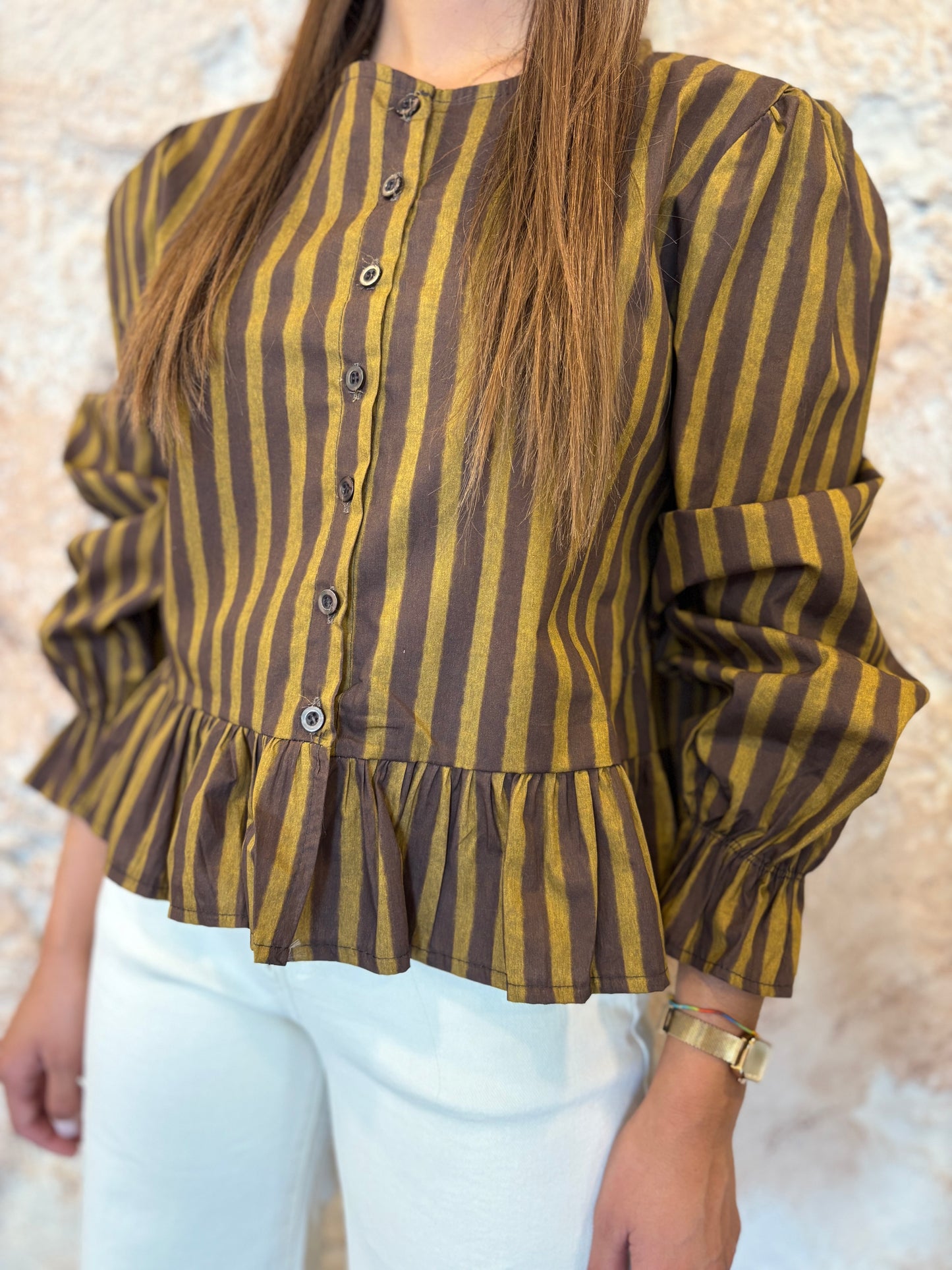 CAMISA CUELLO REDONDO RAYAS MARRÓN-VERDE