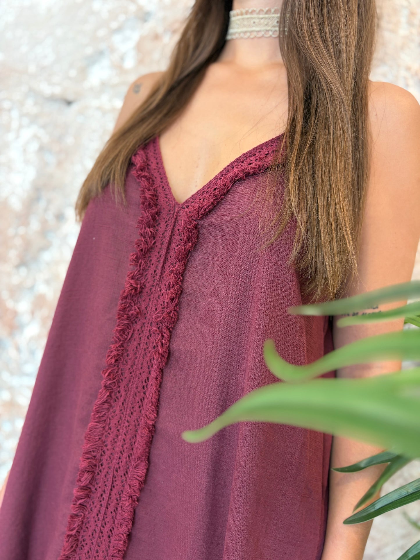 VESTIDO LINO TIRANTE DETALLE DESFLECADO MORADO