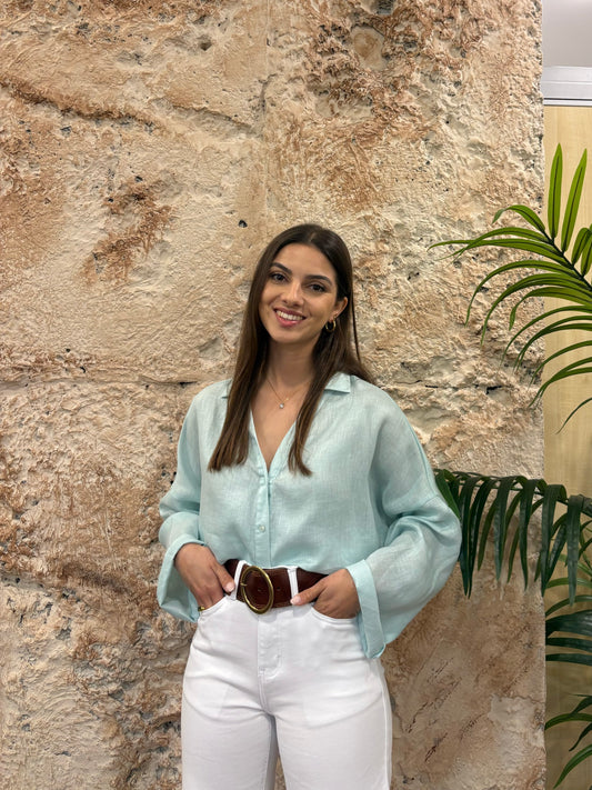 CAMISA OVERSIZE LINO VERDE AGUA