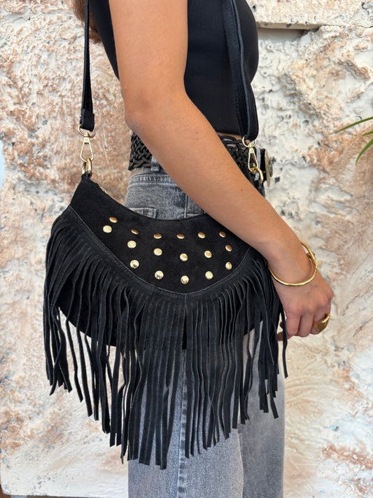 BOLSO BANDOLERA FLECOS Y TACHAS NEGRO