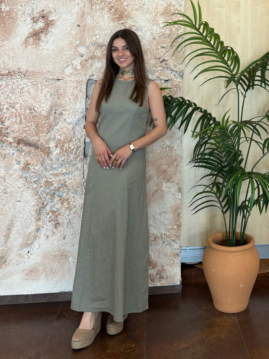 VESTIDO LARGO EFECTO LINO VERDE