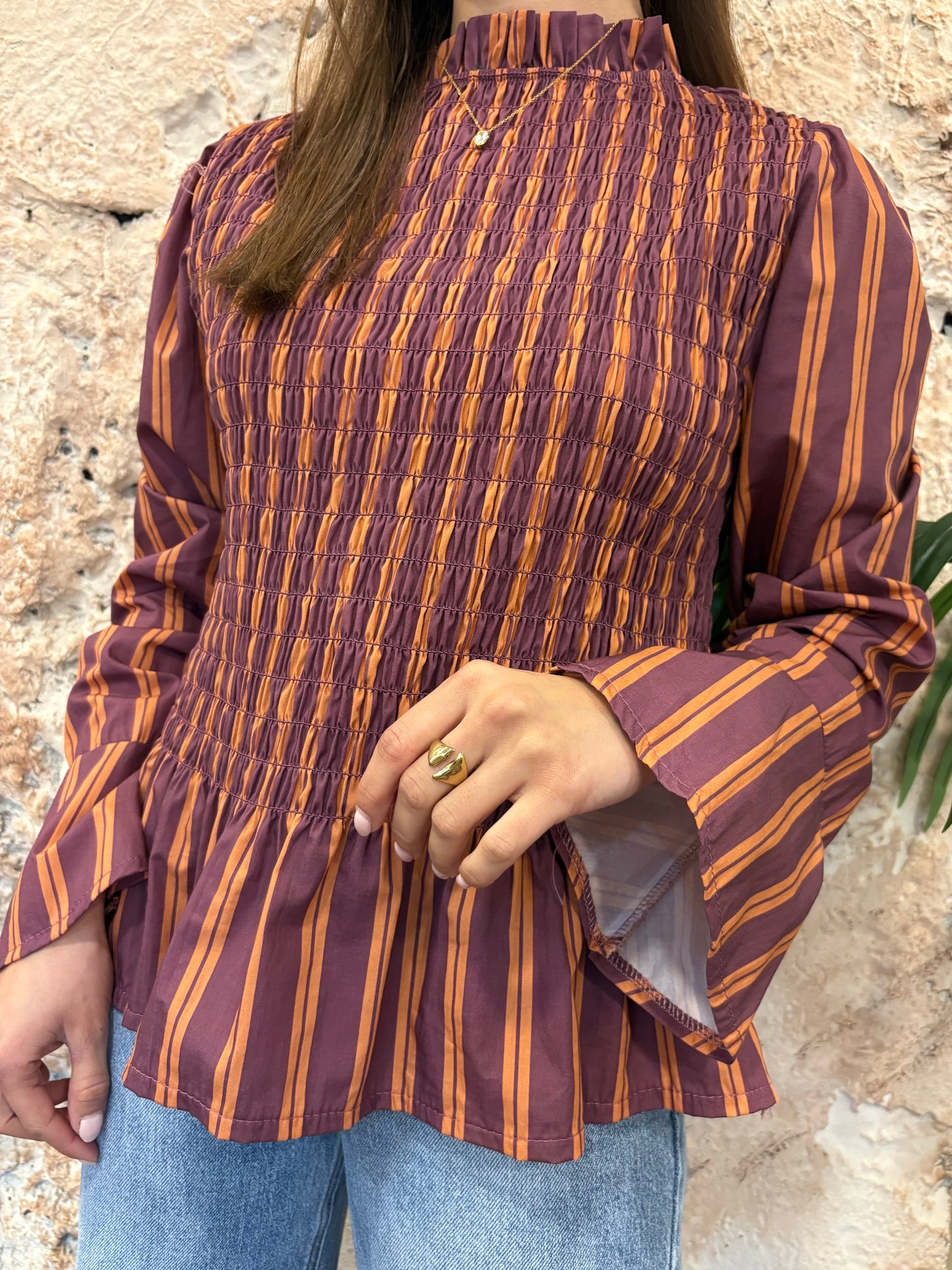 BLUSA PANEL DE ABEJA MORADA-NARANJA