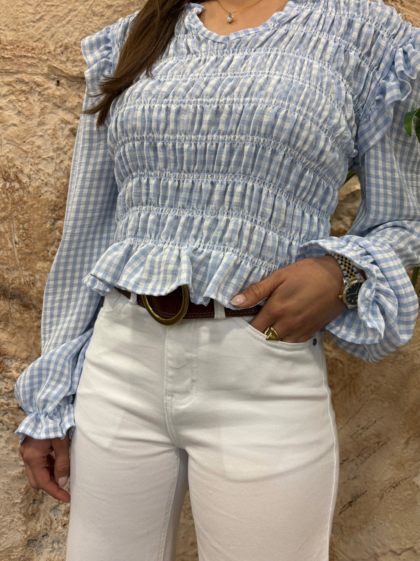 BLUSA PANEL DE ABEJA VICHY CELESTE