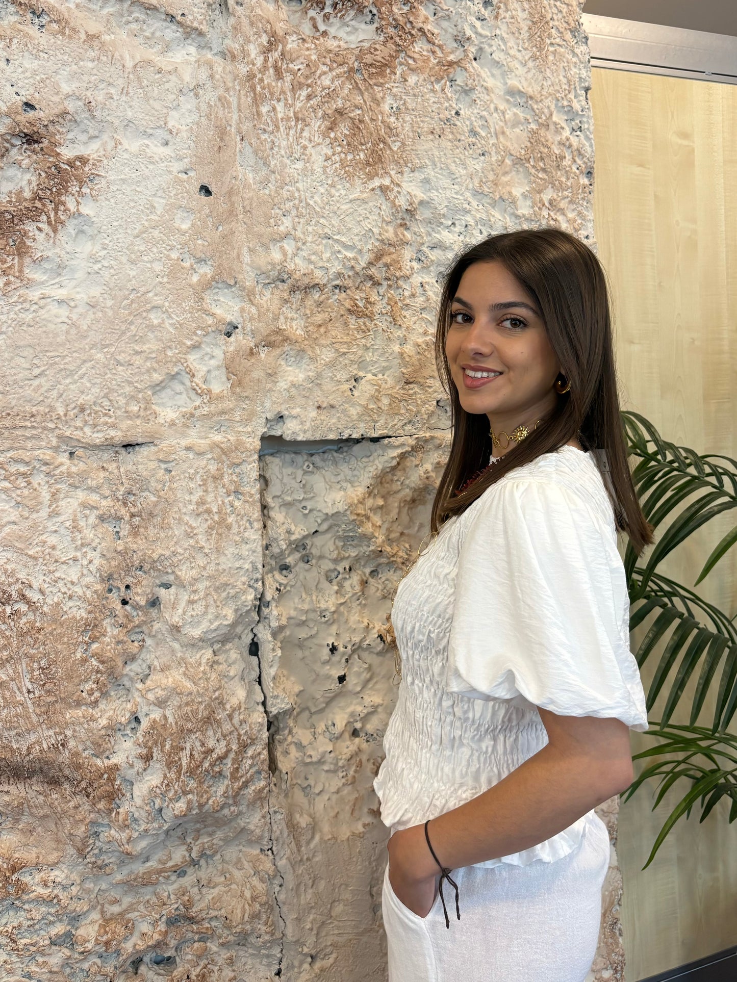 BLUSA PANEL ABEJA BLANCA MANGA ABULLONADA