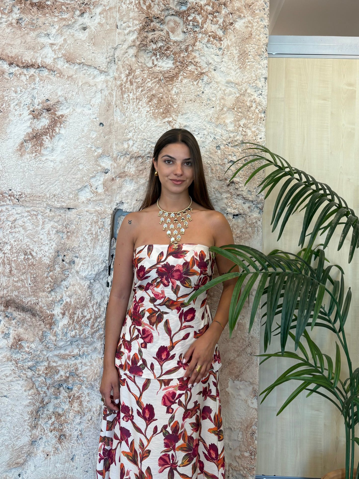 VESTIDO PALABRA DE HONOR ESTAMPADO FLORAL BEIGE-MORADO