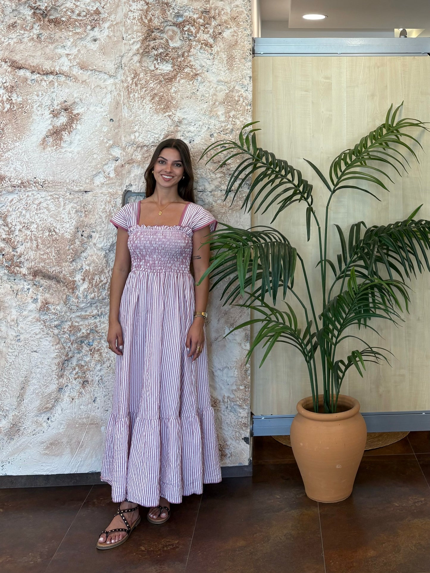 VESTIDO PANEL DE ABEJA RAYAS ROSA