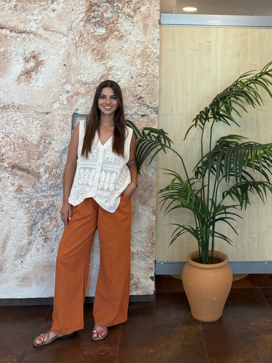 PANTALÓN EFECTO LINO NARANJA