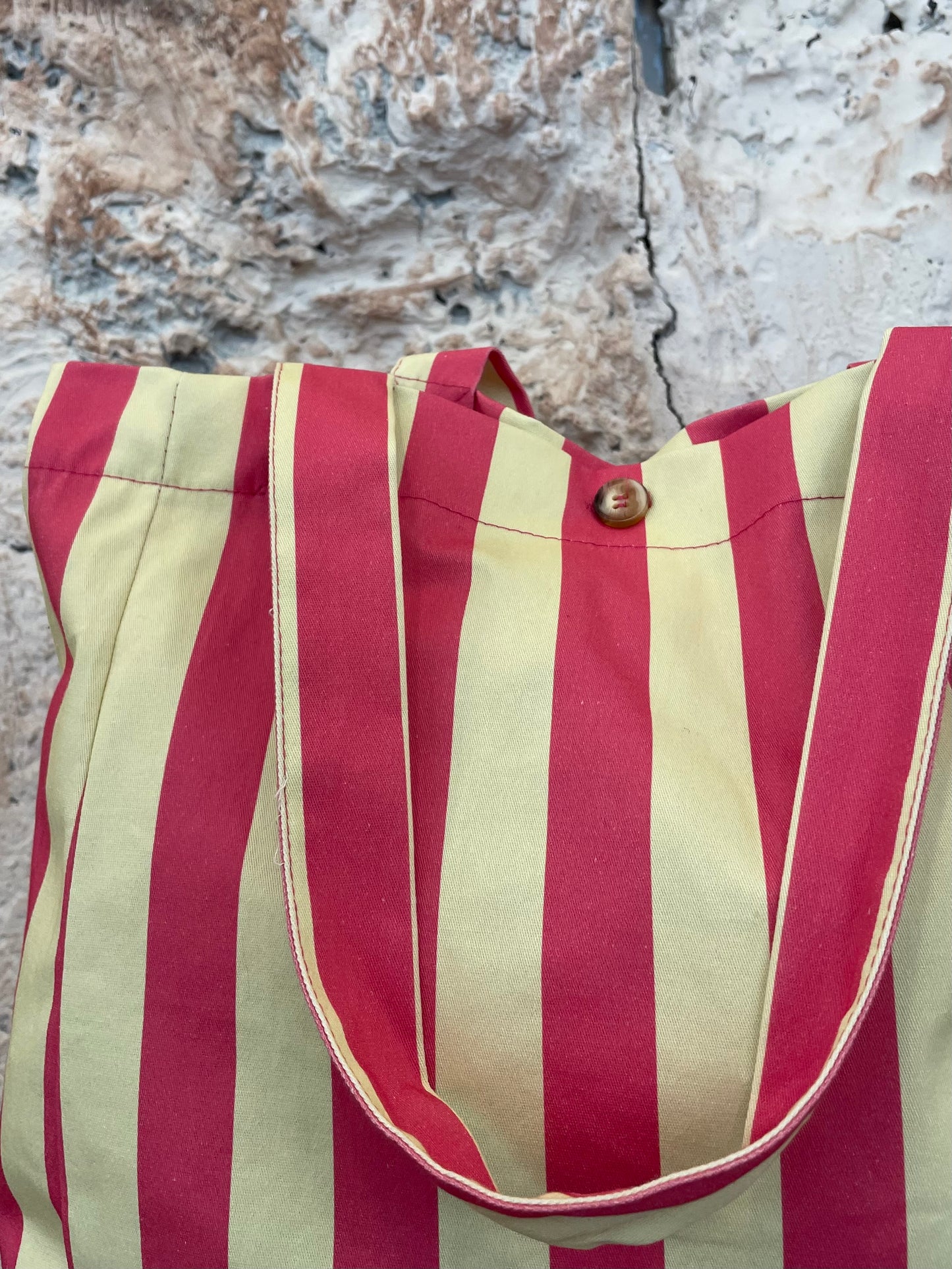 BOLSO SHOPPER TELA RAYAS ROSA - MANTEQUILLA