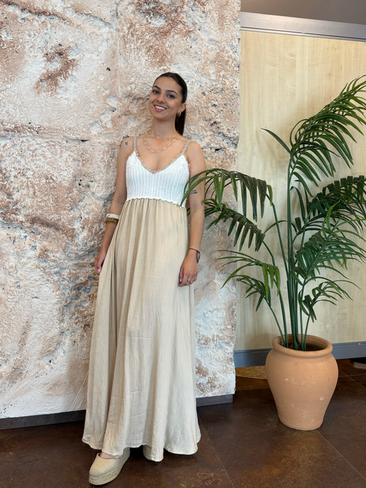 VESTIDO PECHERA CROCHET BEIGE-BLANCO