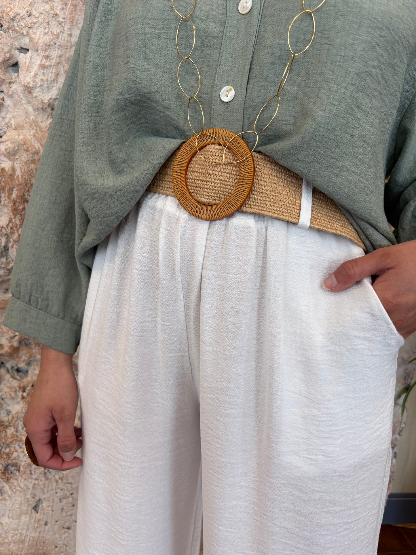 PANTALÓN PALAZO BLANCO CON CINTURÓN