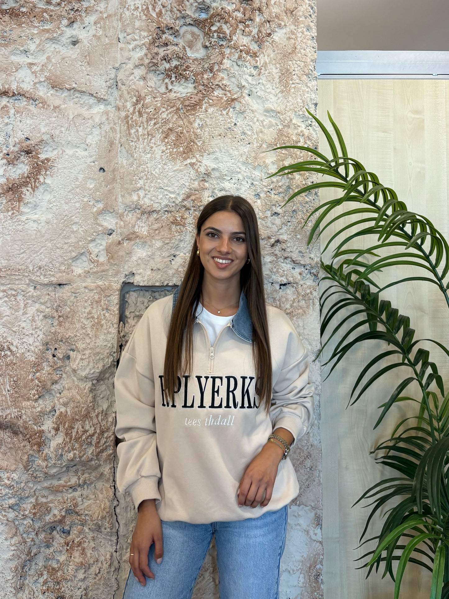 SUDADERA CUELLO DENIM BEIGE