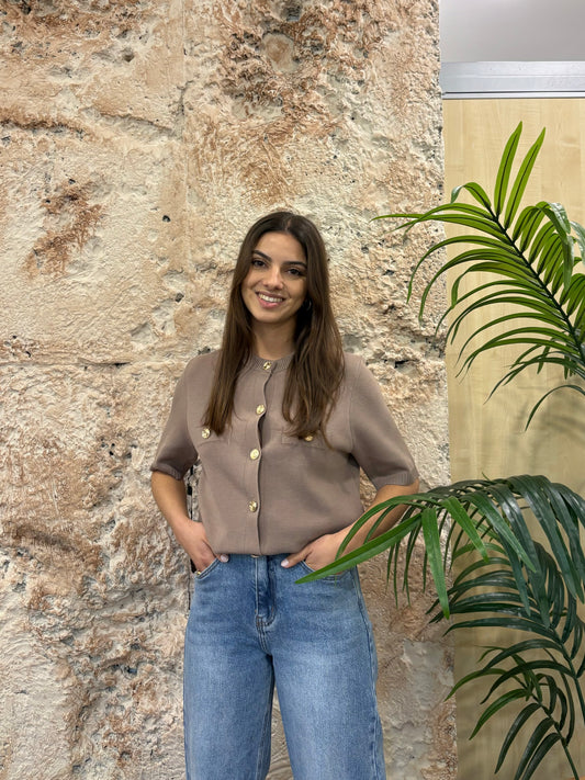 CARDIGAN MANGA CORTA BOLSILLO TAUPE