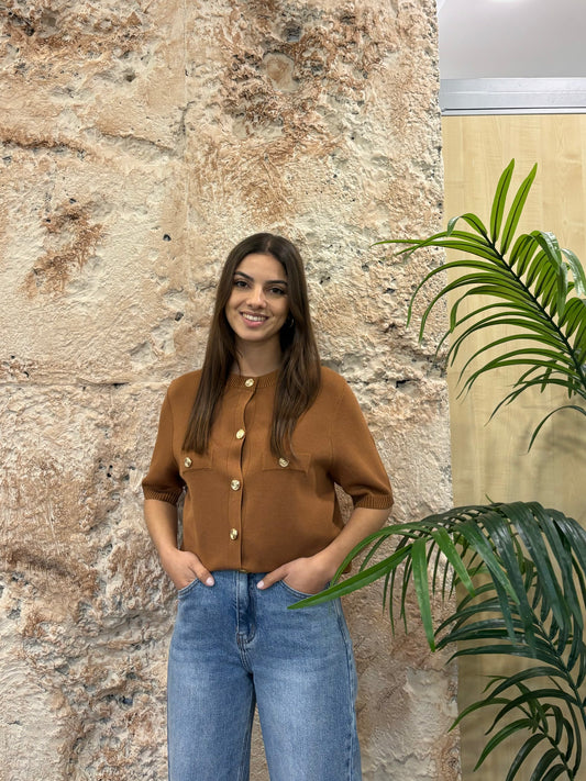 CARDIGAN MANGA CORTA BOLSILLO MARRÓN