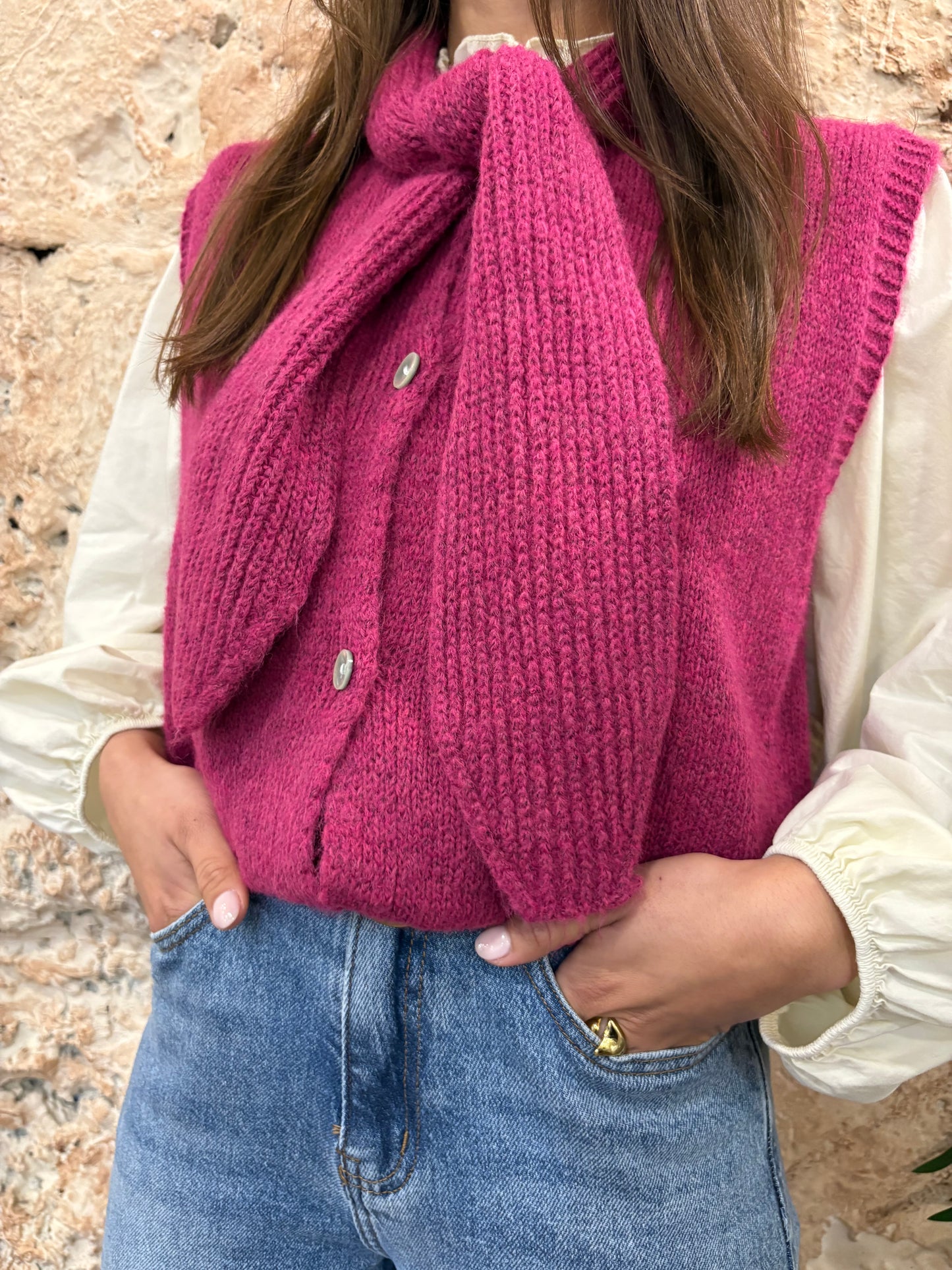 CHALECO PUNTO FUCSIA LAZADO