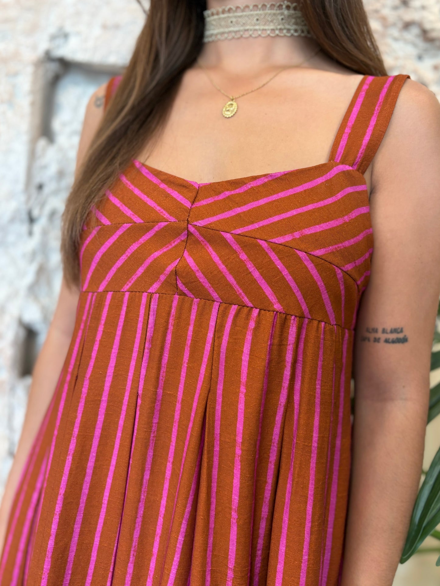 VESTIDO LARGO RAYAS TEJA - ROSA