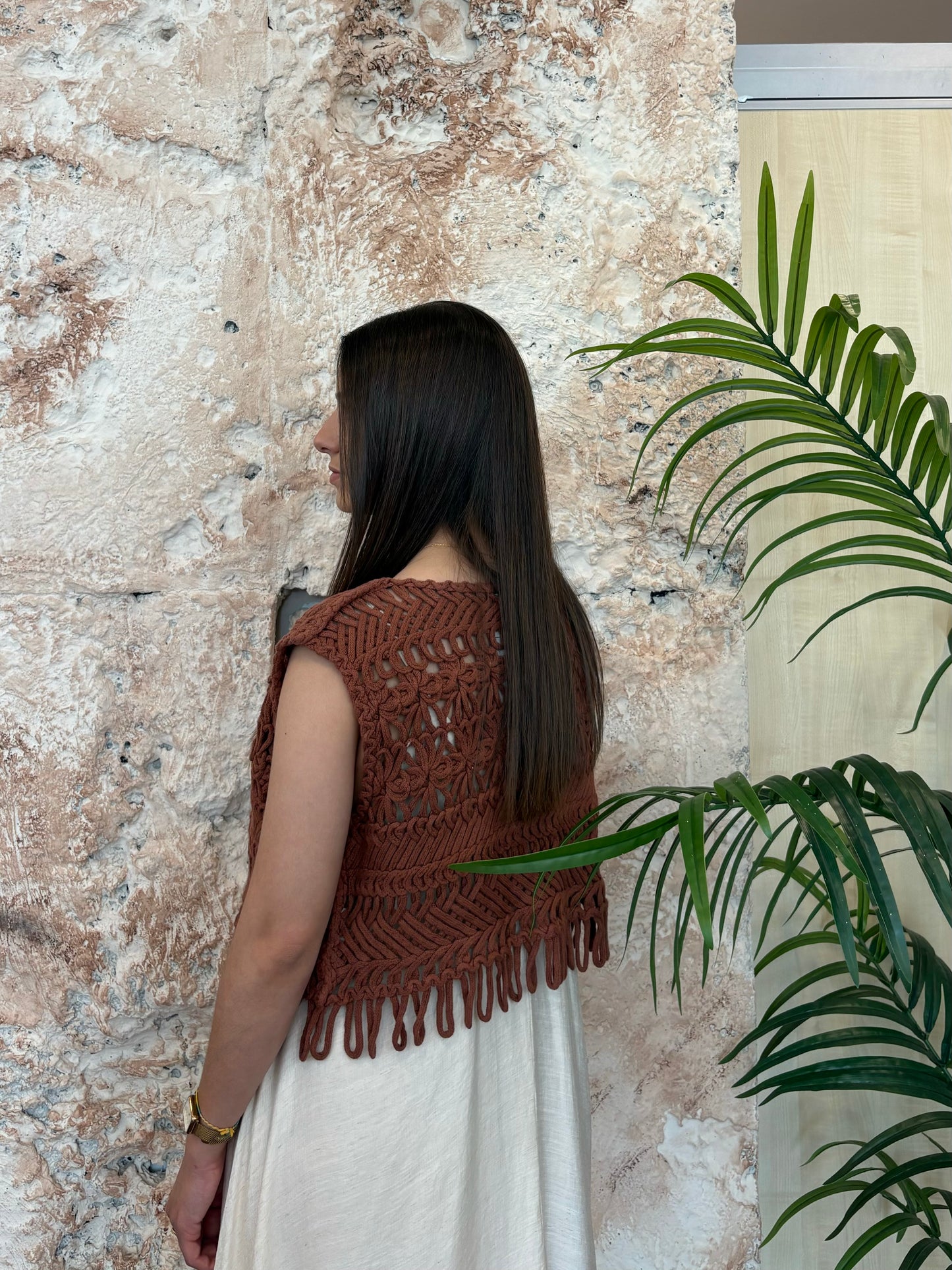 CHALECO TRAPILLO CROCHET TEJA