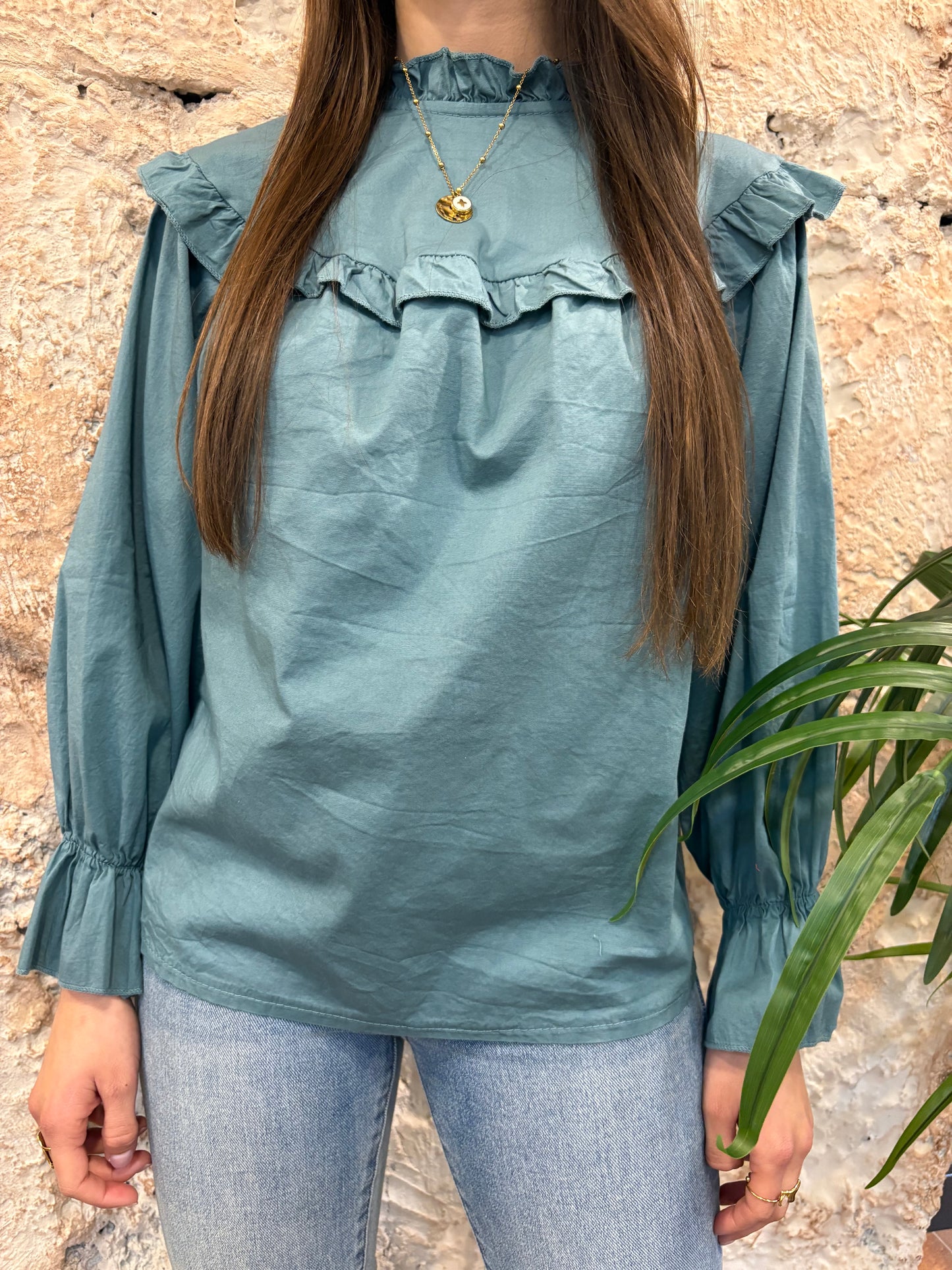 BLUSA CUELLO REDONDO RIZO VERDE AGUA