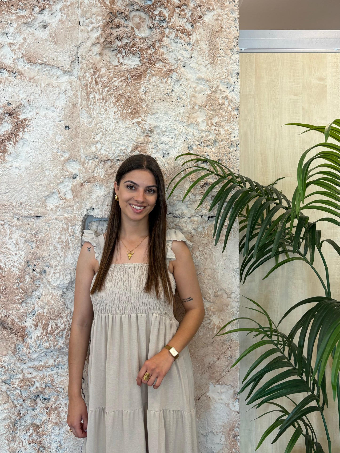 VESTIDO LARGO PANEL BEIGE