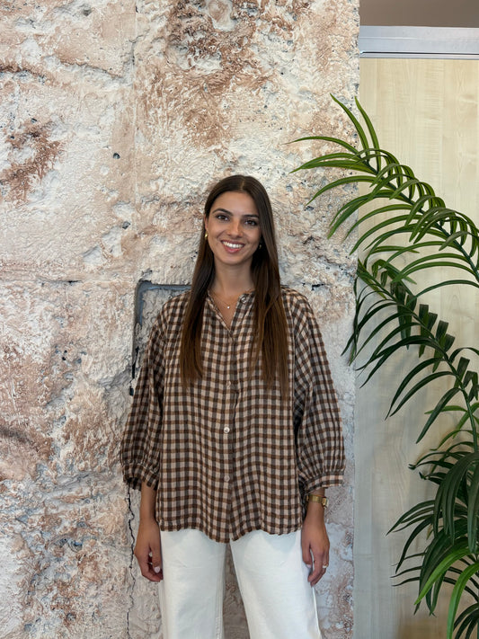 CAMISA CUELLO MAO VICHY MARRÓN