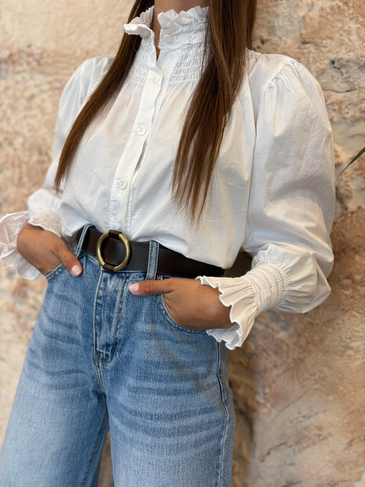 CAMISA CUELLO PANEL DE ABEJA BLANCA